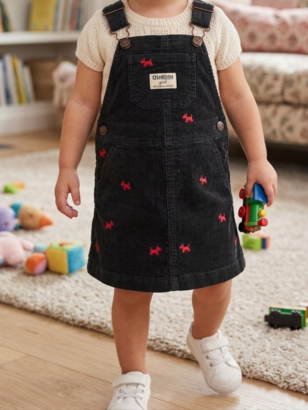 OshKosh B'gosh Vintage Black Corduroy Scottie Dog Overall Dress Overalls Jumper